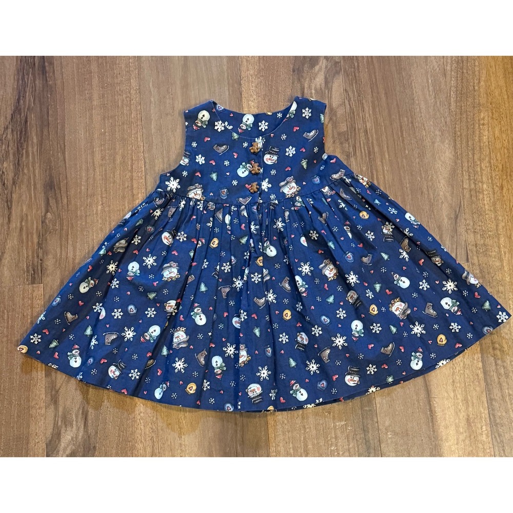 Cottagecore Retro Blue Snowman Snowflake Winter Holiday Sleeveless Dress 18-24